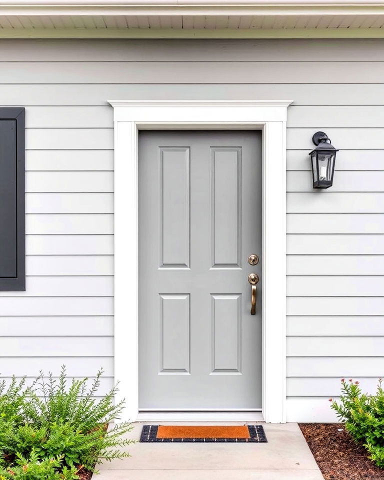 pale grey door with contrasting trim - 20 Grey Front Door Ideas