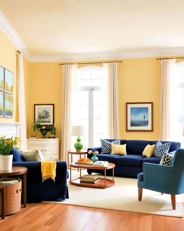 pale yellow living room walls with deep blue furniture - 20 Yellow and Blue Living Room Ideas