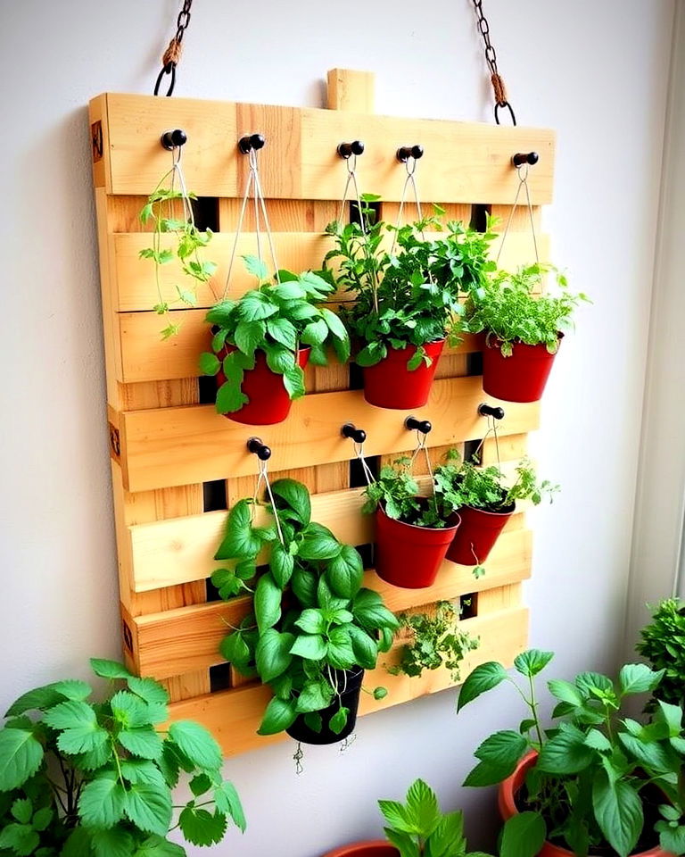pallet hanging herb rack - 20 Vertical Pallet Garden Ideas