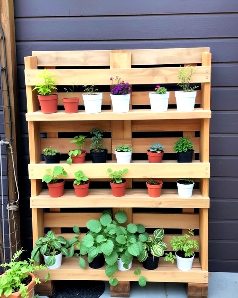 pallet shelf designed to hold small pots - 20 Vertical Pallet Garden Ideas