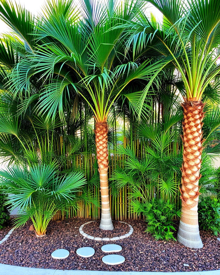 palm and bamboo combination for privacy - 25 Front Yard Palm Tree Landscape Design Ideas