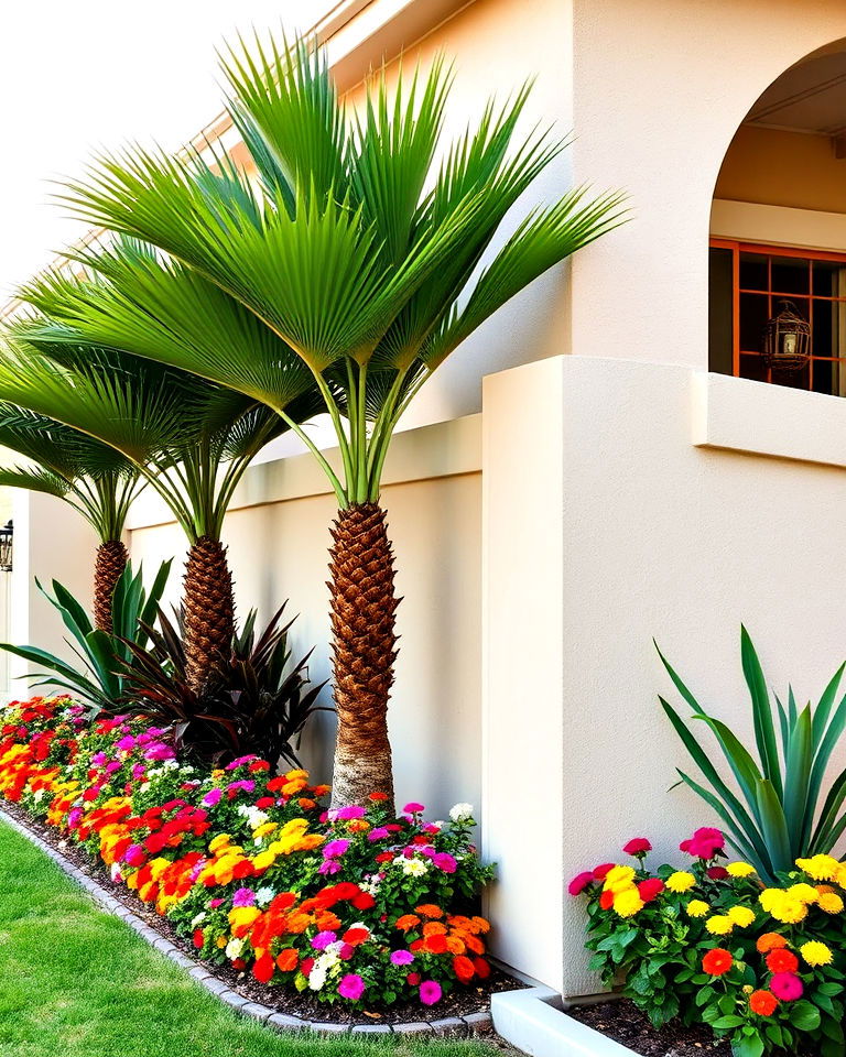 palm and flowerbed combo along walls - 25 Front Yard Palm Tree Landscape Design Ideas