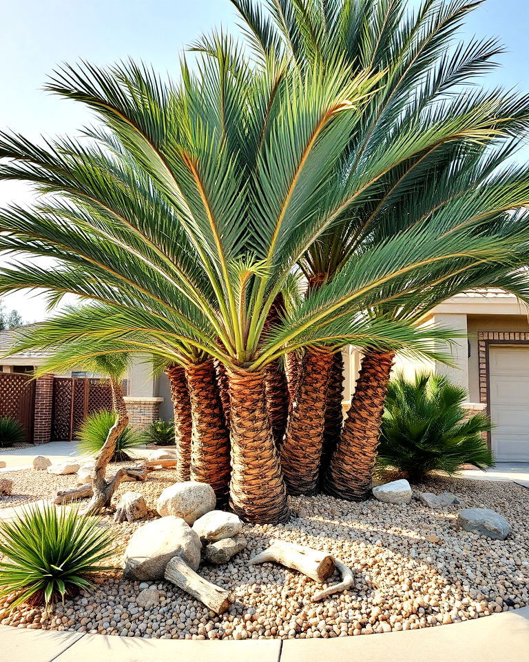 palm cluster with rock and driftwood features - 25 Front Yard Palm Tree Landscape Design Ideas
