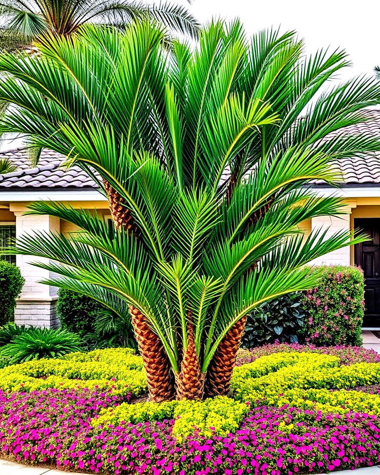 palm cluster with vibrant groundcover - 25 Front Yard Palm Tree Landscape Design Ideas