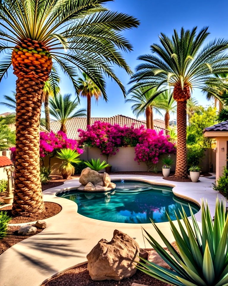 palm trees lend a tropical vibe to a las vegas backyard - 25 Las Vegas Backyard Landscaping Ideas