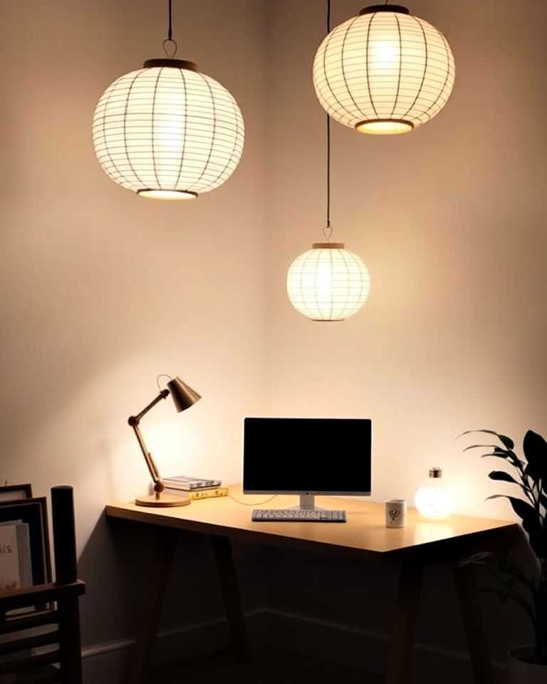 paper lantern decor for office - 30 Japandi Style Home Office Ideas