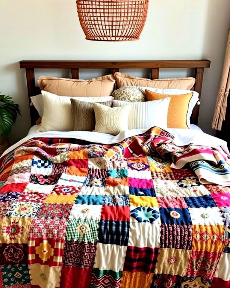 patchwork quilt for a cozy touch - 25 Boho Teen Bedroom Ideas