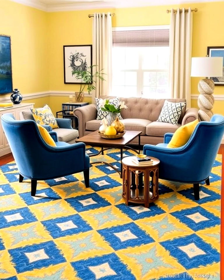 patterned blue and yellow living room area rug - 20 Yellow and Blue Living Room Ideas