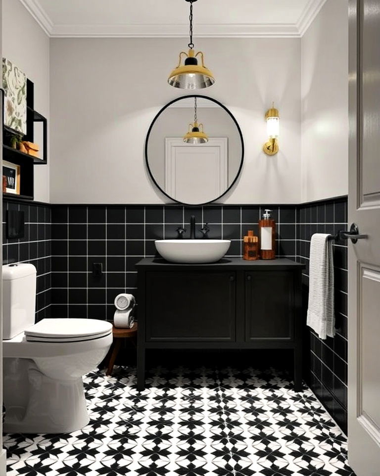 patterned floor tiles dark academia bathroom - 25 Dark Academia Bathroom Ideas