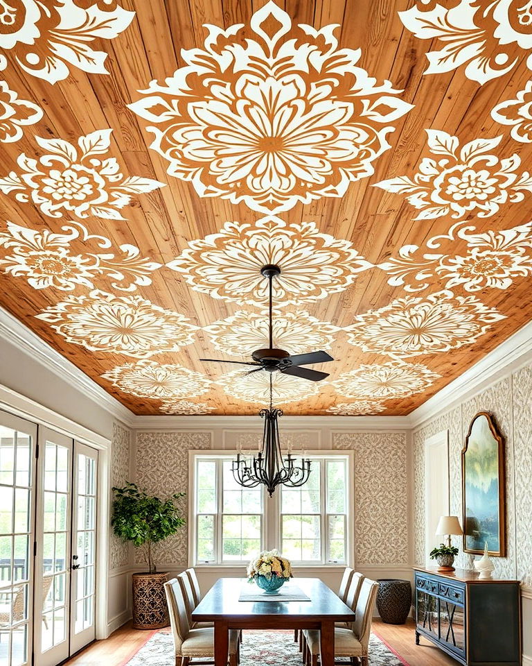 patterned plywood ceiling with stenciling - 20 Plywood Ceiling Ideas