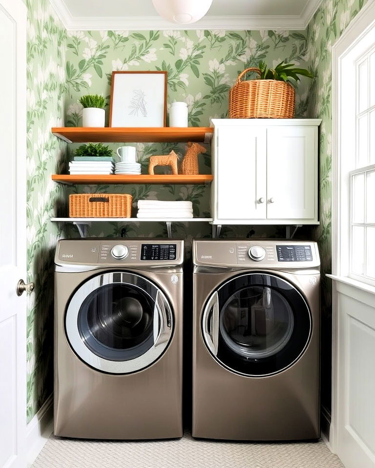 patterned wallpaper to transform your laundry room - 20 Sage Green Laundry Room Ideas
