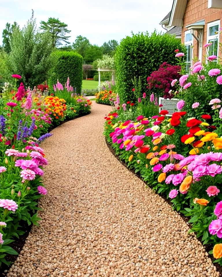 pea gravel walkway bordered by lush flower beds - 20 Pea Gravel Walkway Ideas
