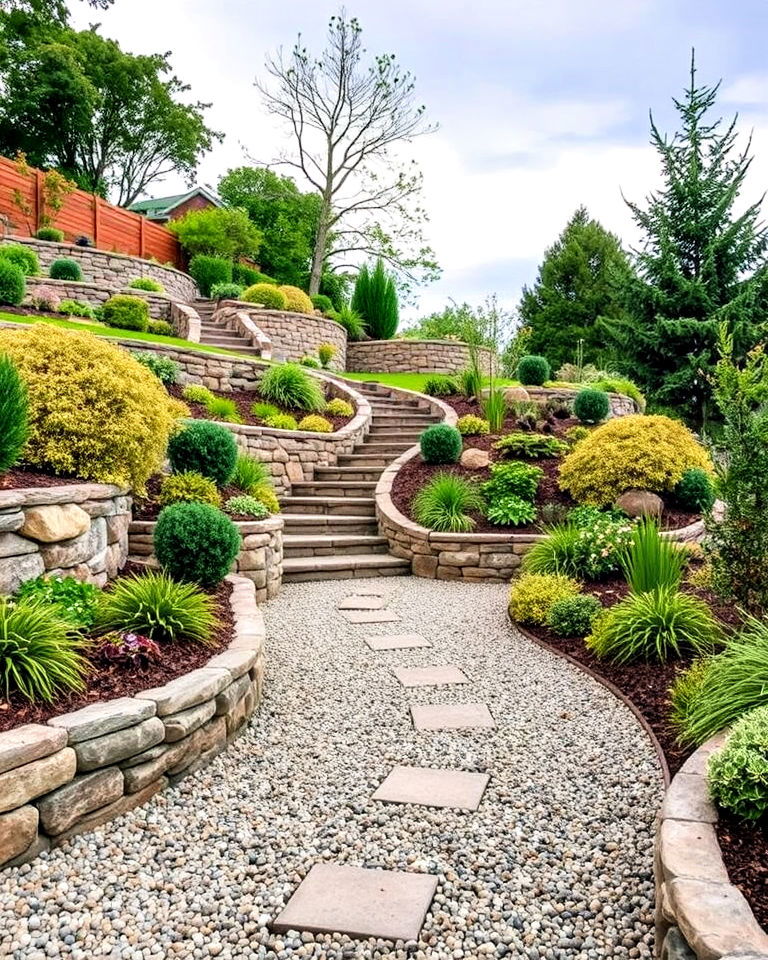 pea gravel with terraced garden paths - 20 Pea Gravel Landscaping Ideas