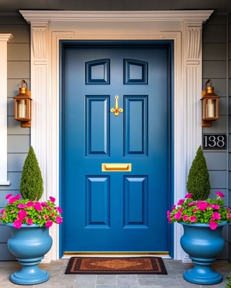 peacock blue doors with grey house - 25 Grey House With Blue Door Ideas