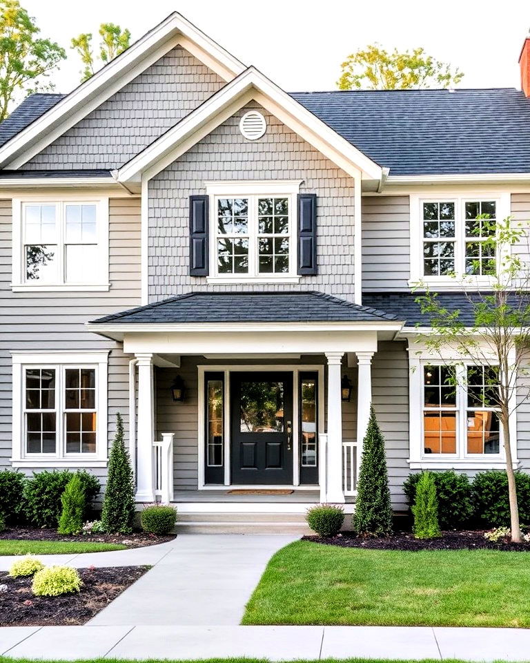 pebble gray siding with white and black accents - 30 House Siding Colors