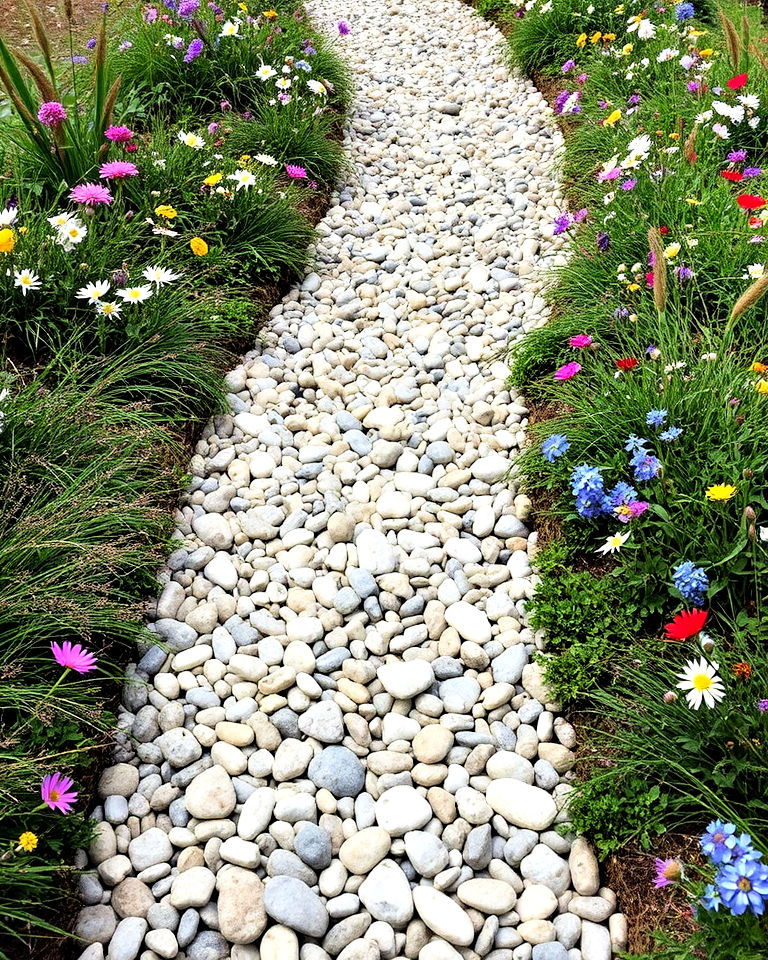 pebbled path with wildflower borders - 15 Woodland Garden Path Ideas