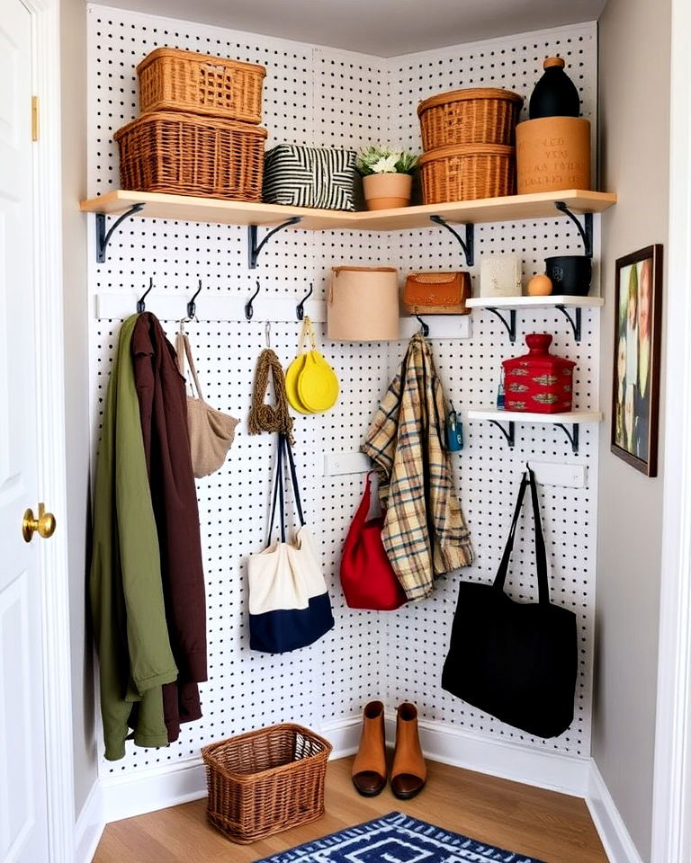 pegboard wall system in small entryways - 15 Corner Entryway Ideas