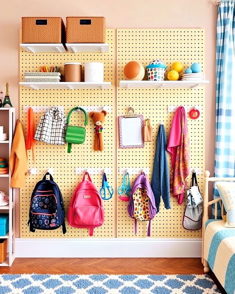pegboard walls for organized storage - 40 Shared Kids Room Design Ideas