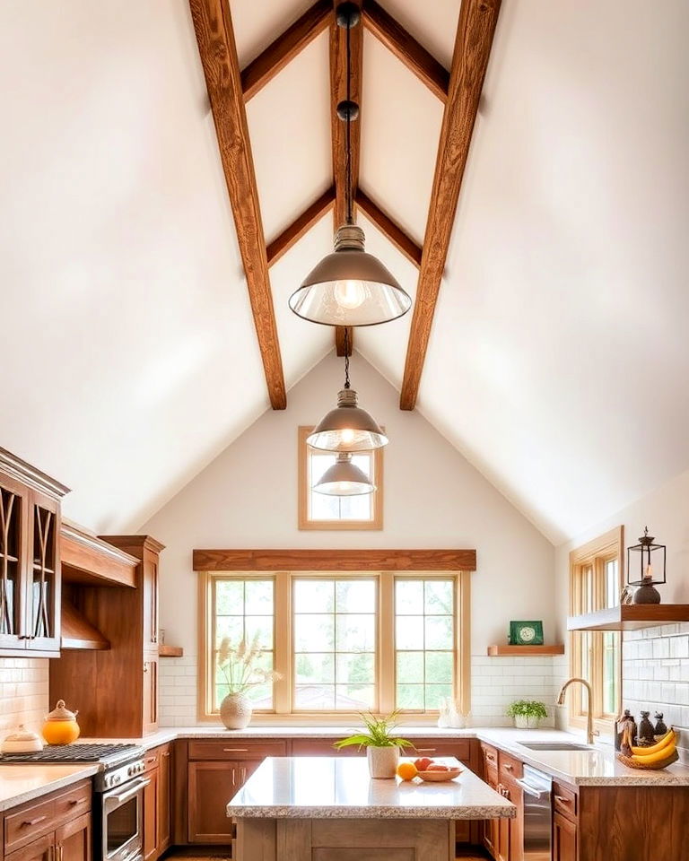 pendant lighting sloped ceiling for vertical emphasis - 15 Sloped Ceiling Kitchen Ideas