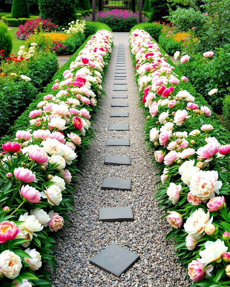 peony walkway with repeated planting - 15 Peony Garden Design Ideas