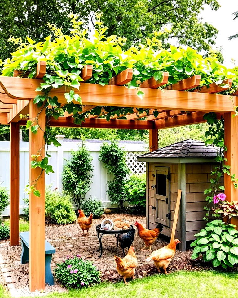 pergola over the chicken coop - 15 Backyard Chicken Coop Landscaping Ideas