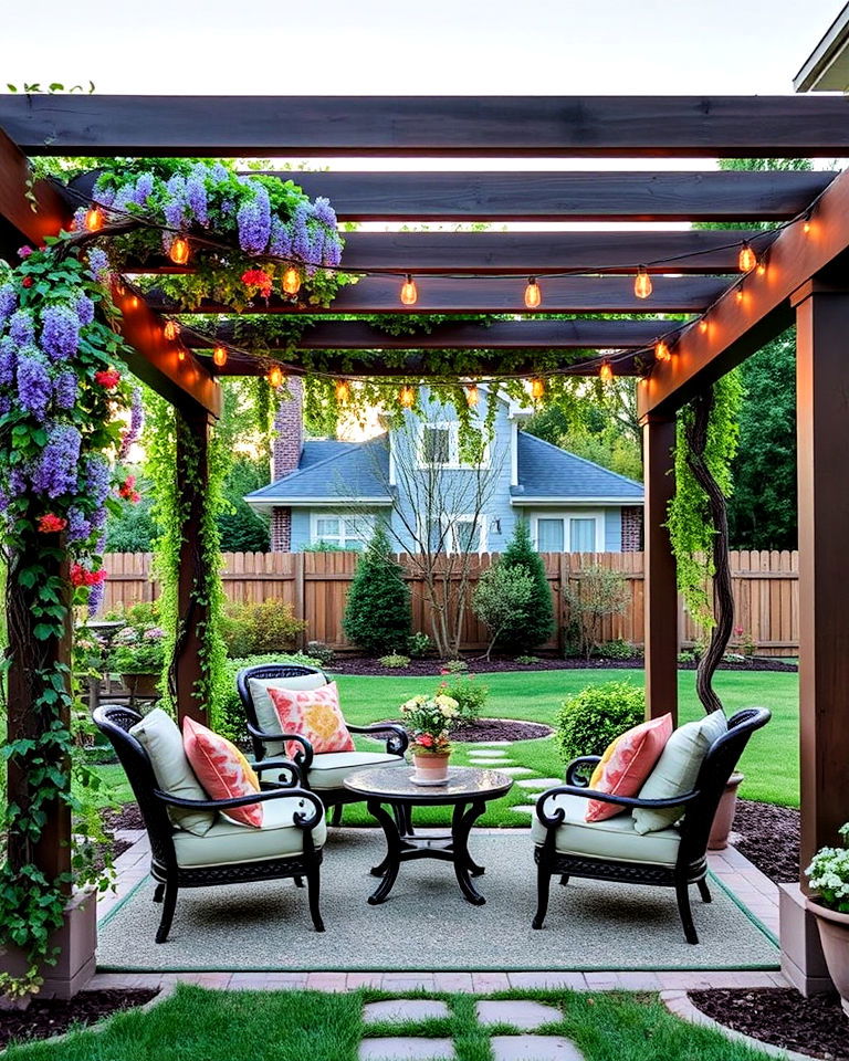 pergola shaded patio with comfortable chairs - 25 Front Yard Sitting Area Ideas