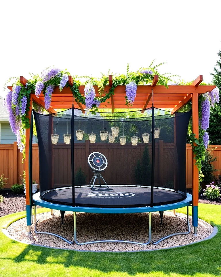 pergola structure over the trampoline - 15 Trampoline Landscaping Ideas