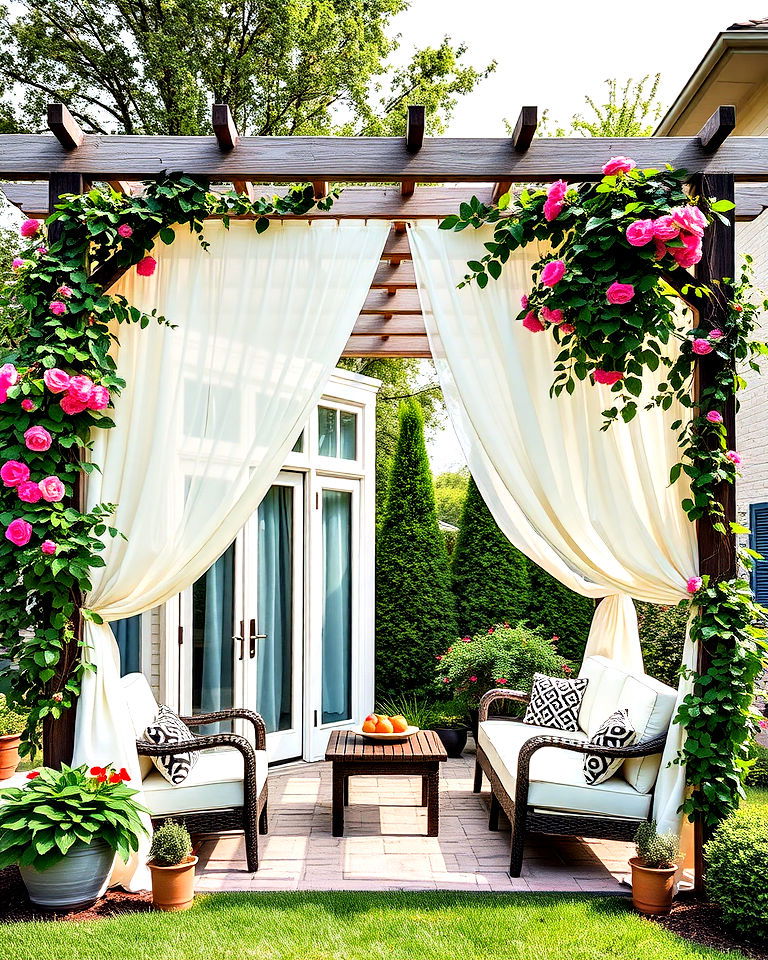 pergolas with draped curtains in the front yard - 25 Front Yard Privacy Landscaping Ideas