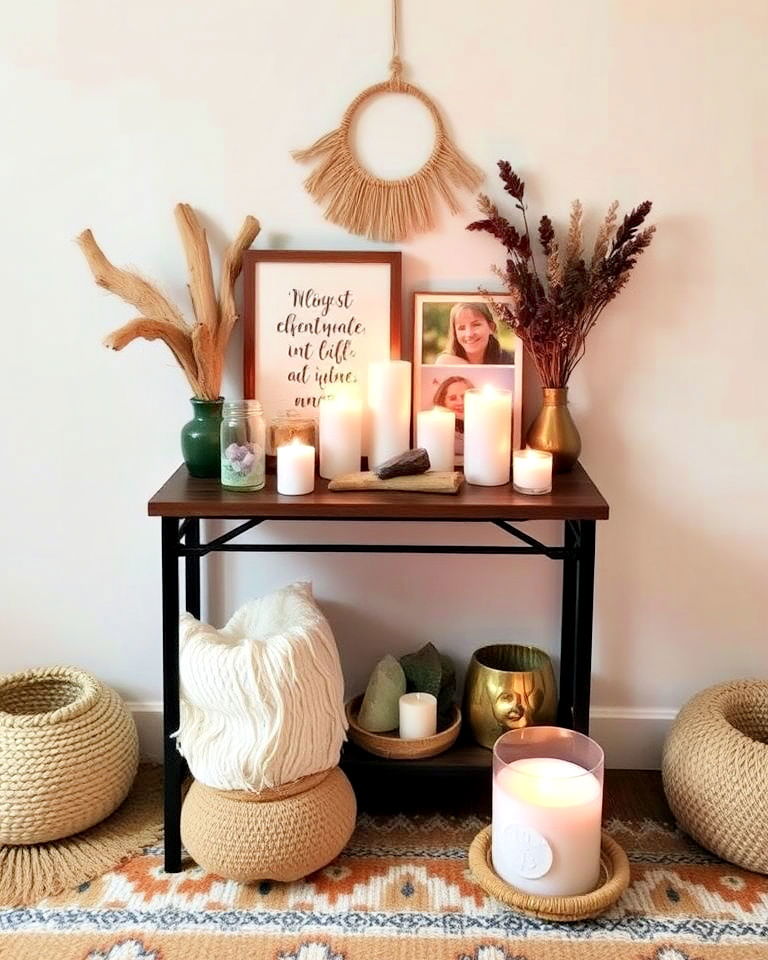 personal altar as a focal point for meditation - 15 Boho Meditation Room Ideas