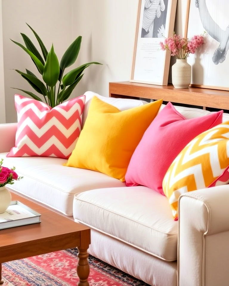 personalize with yellow and pink cushions - 25 How to Decorate With Yellow and Pink-captions