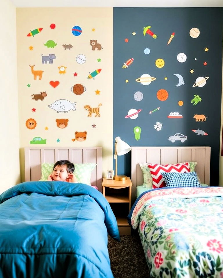 personalized wall decals to decorate each childs side of the room - 40 Boy and Girl Shared Small Room Ideas