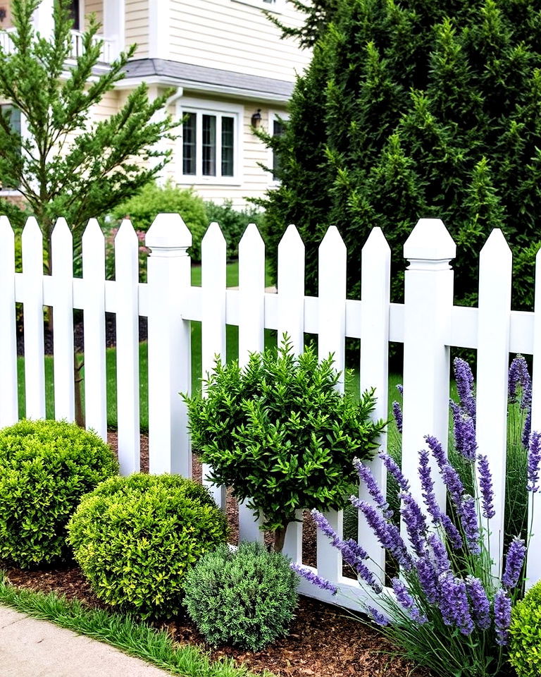 picket fences paired with edging plants - 25 Property Line Landscaping Ideas
