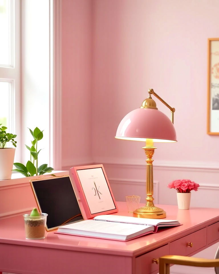 pink and gold table lamp home office - 25 Pink Home Office Ideas
