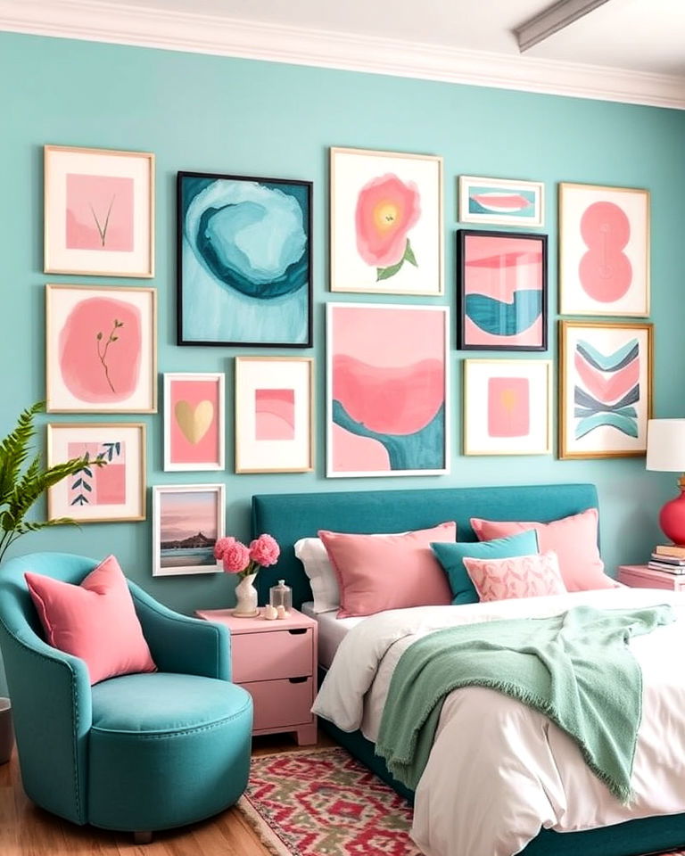 pink and teal gallery wall bedroom - 25 Teal and Pink Bedroom Ideas-captions