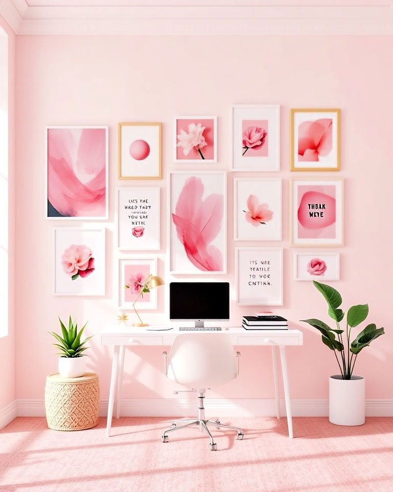 pink artwork gallery wall home office - 25 Pink Home Office Ideas