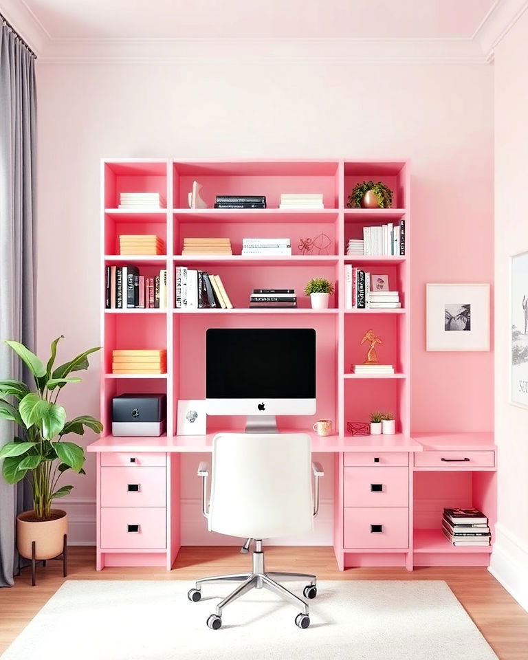 pink bookshelves home office - 25 Pink Home Office Ideas