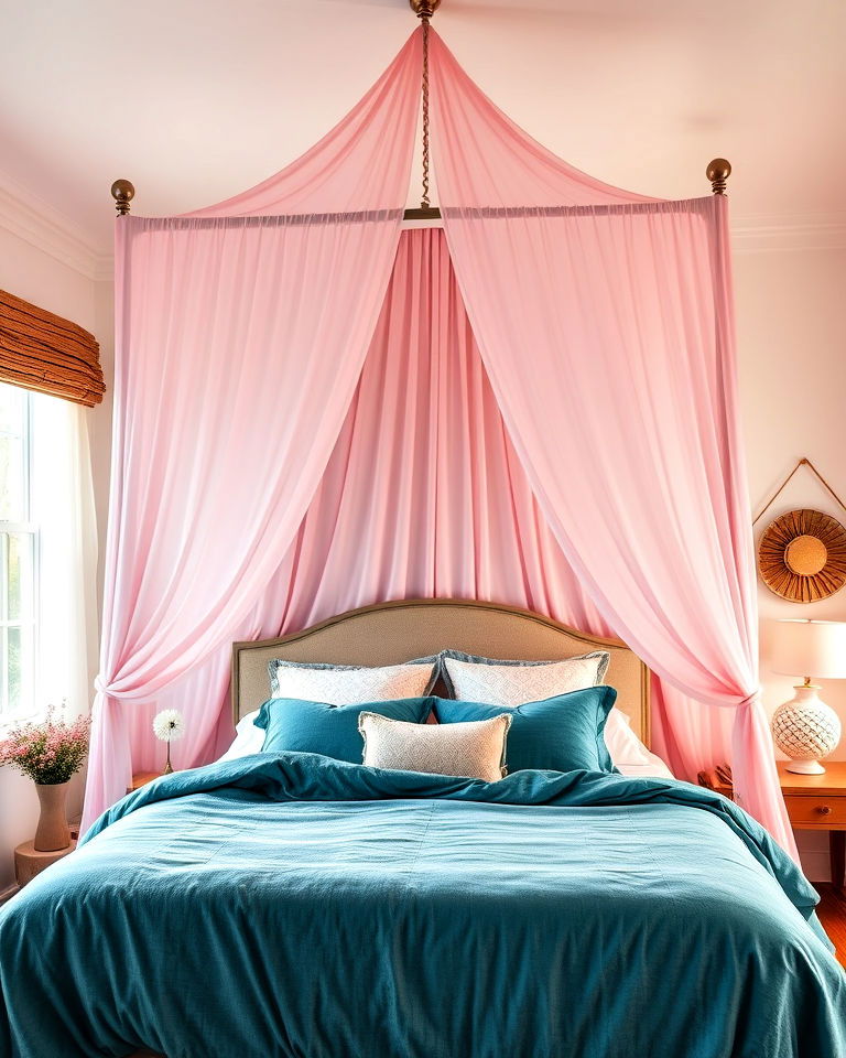 pink canopy with teal bedding - 25 Teal and Pink Bedroom Ideas-captions
