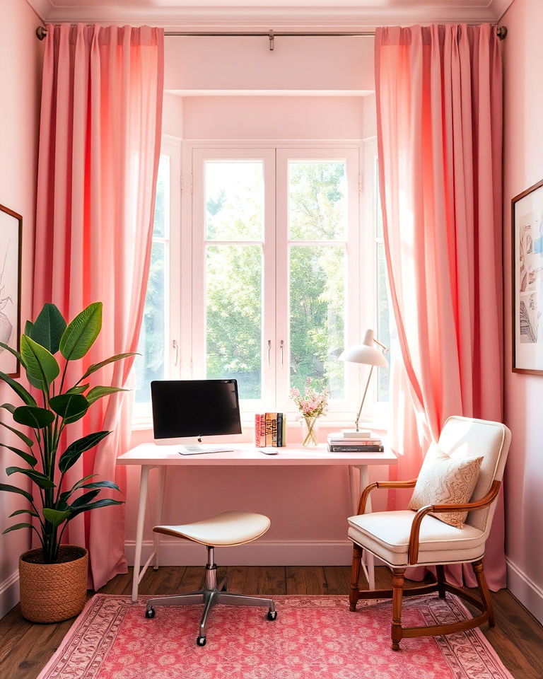 pink curtains home office - 25 Pink Home Office Ideas