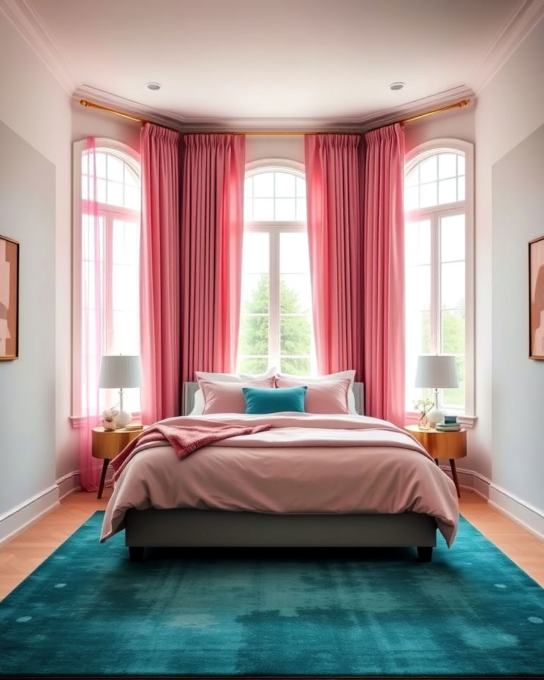 pink curtains with teal rug bedroom - 25 Teal and Pink Bedroom Ideas-captions