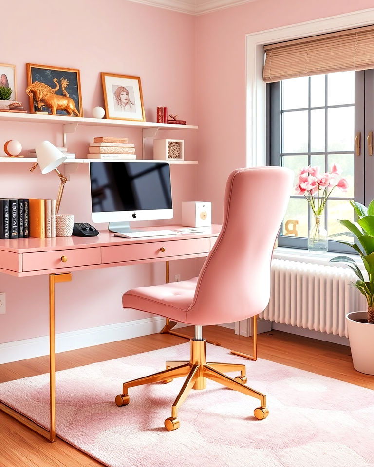pink desk chair with gold details home office - 25 Pink Home Office Ideas