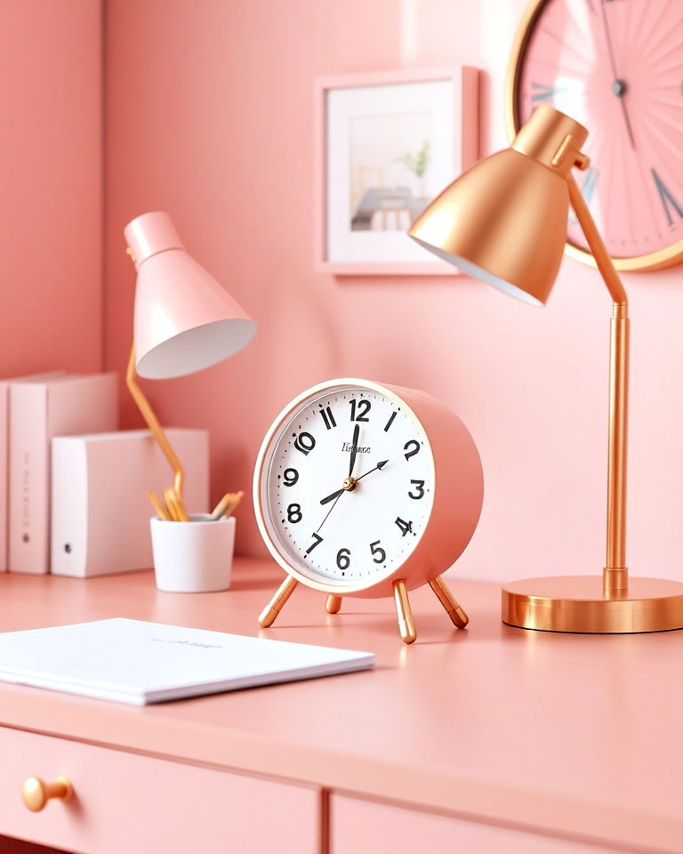 pink desk clock home office - 25 Pink Home Office Ideas
