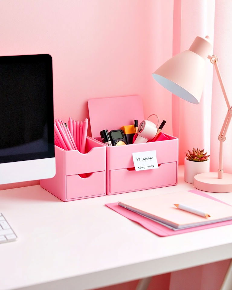 pink desk organizer home office - 25 Pink Home Office Ideas