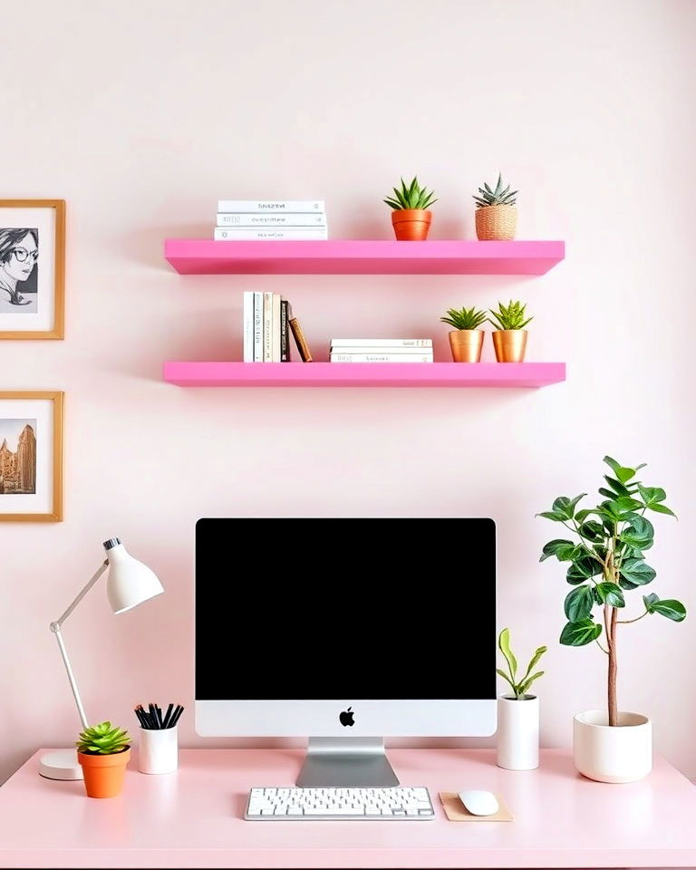 pink floating shelves home office - 25 Pink Home Office Ideas