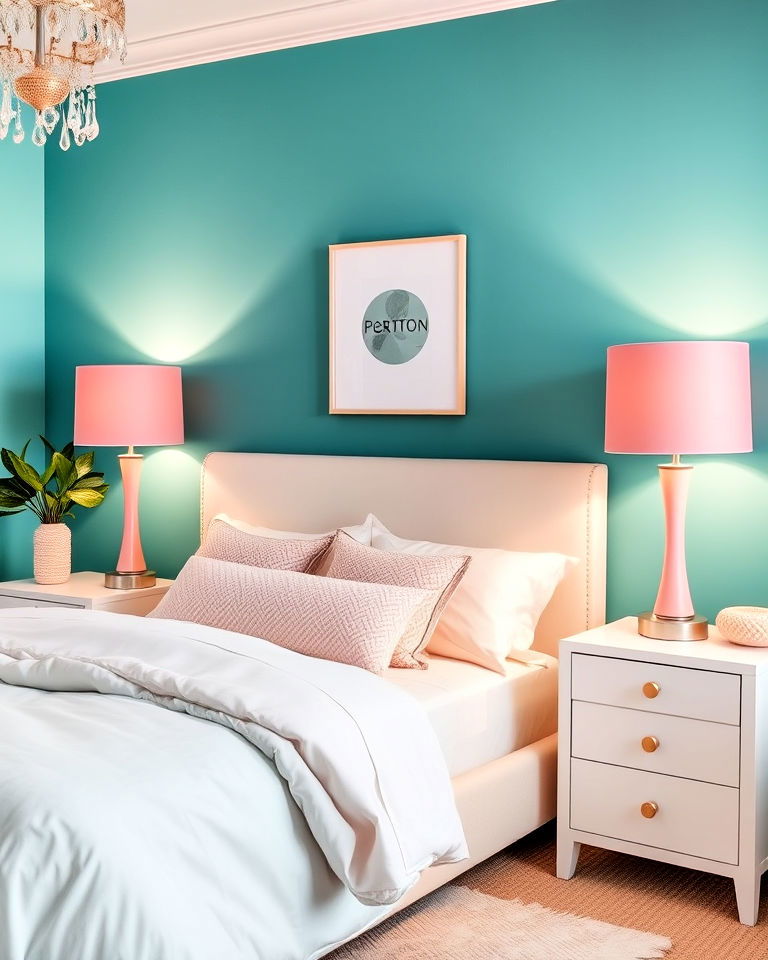 pink lamps with teal walls bedroom - 25 Teal and Pink Bedroom Ideas-captions