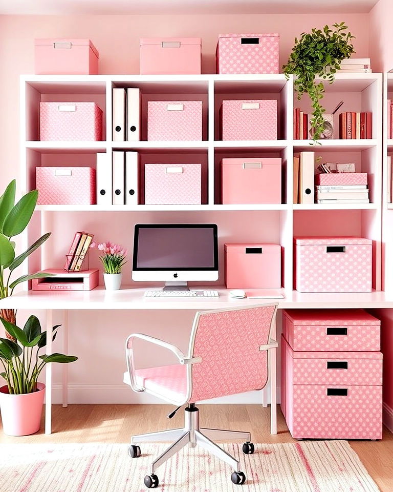 pink storage boxes home office - 25 Pink Home Office Ideas
