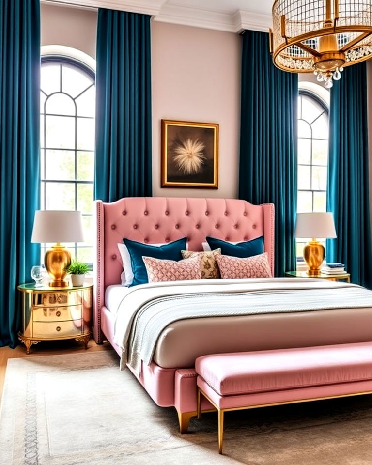 pink upholstered headboard with teal curtains - 25 Teal and Pink Bedroom Ideas-captions