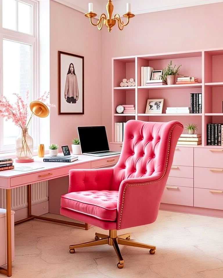 pink velvet chair home office - 25 Pink Home Office Ideas