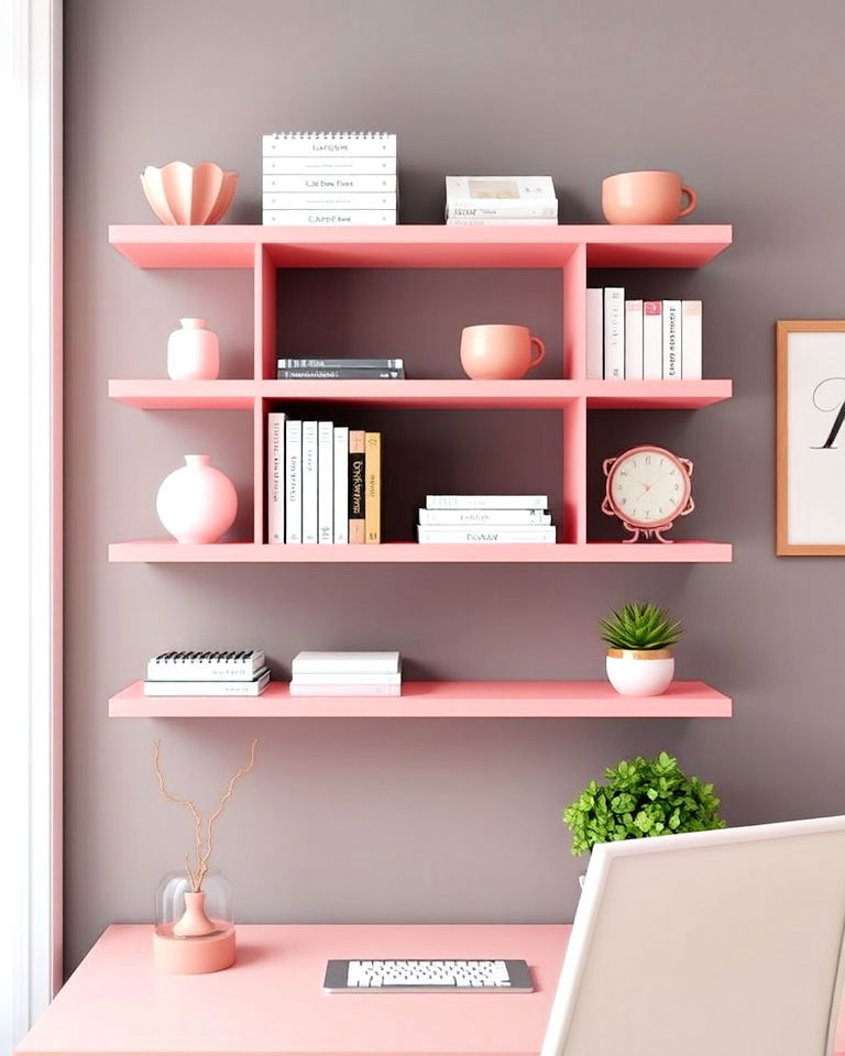 pink wall shelf organizer home office - 25 Pink Home Office Ideas