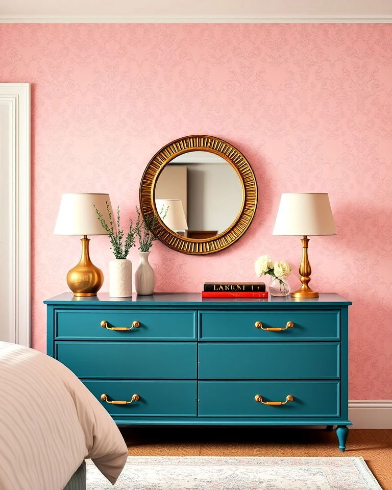 pink wallpaper bedroom with teal furniture - 25 Teal and Pink Bedroom Ideas-captions