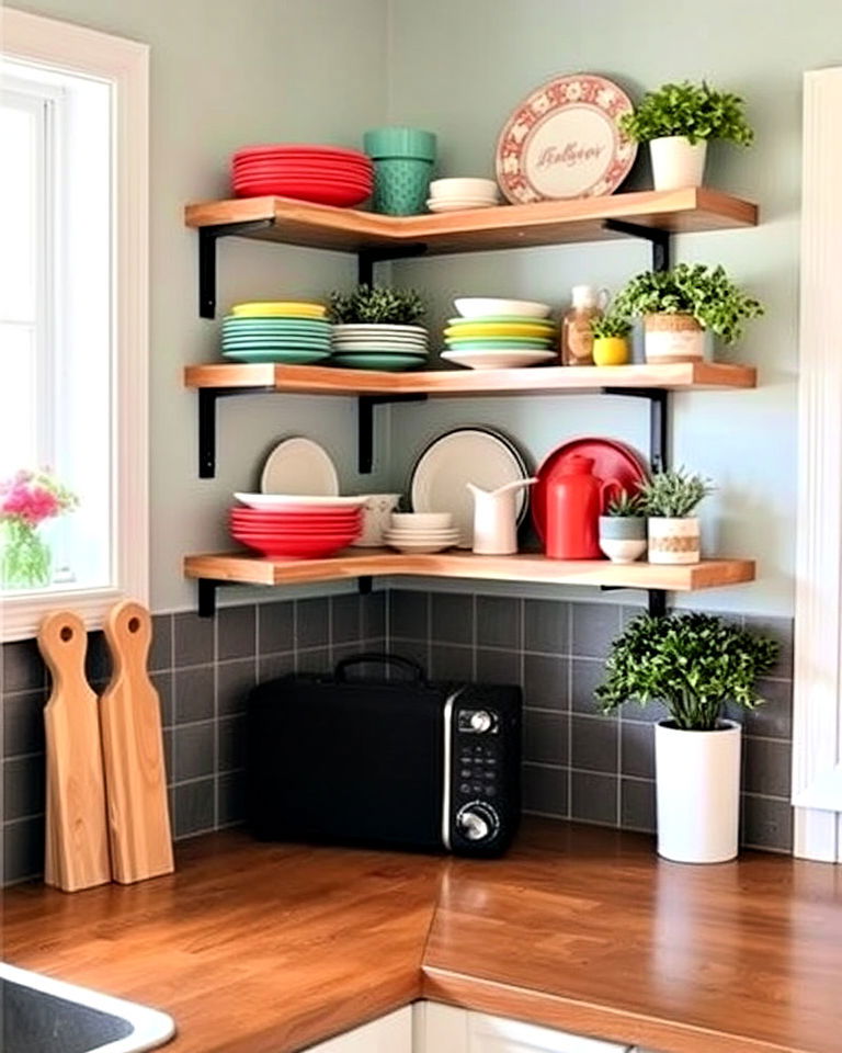 place a decorative corner shelf - 15 Awkward Kitchen Corner Ideas